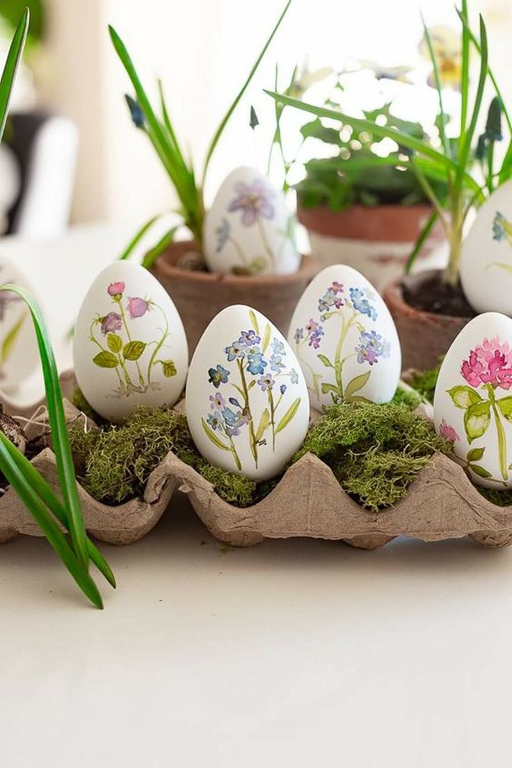 an egg carton filled with painted eggs sitting on top of a table next to potted plants