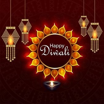 happy diwali greeting card with hanging lanterns and lights on red background for diwali