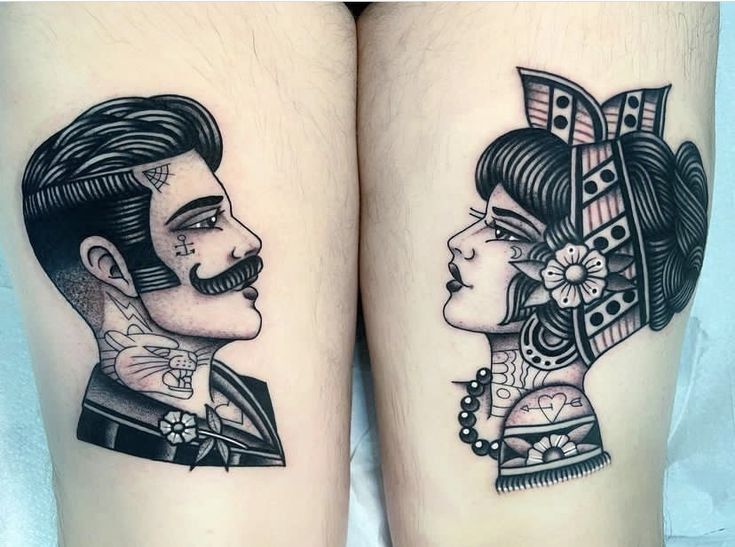 two people with tattoos on their legs, one has a mustache and the other has a woman's head