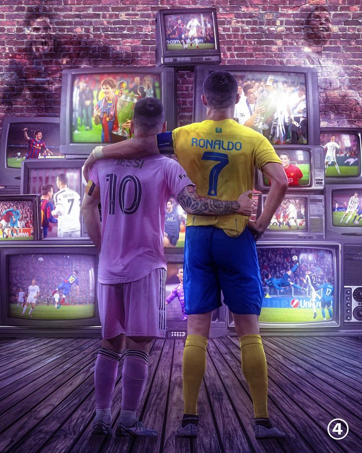 two soccer players standing in front of televisions with their backs turned to the camera