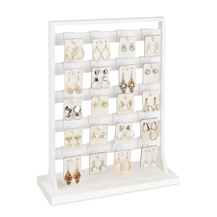 PRICES MAY VARY. FREE ASSEMBLE WOODEN JEWELRY DISPLAY RACK WITH HOOKS - Comes with 20 removable metal hooks for earring ,earring cards, bracelets, necklaces, rings, hair accessories or keychains. Hook length : 1.35" long ;accommodate approximately 4 pairs of earring cards , or 4 strands of bracelets. Earring card size : 1.6"x2" . 2 SIDED JEWELRY DISPLAY STAND RACK- 2 sided jewelry display rack .There are 5 layers of display bars that each bar holds up to 4 hooks. Hooks are removable and easy to Card Display Diy, Card Display Stand, Earring Card Display, Wooden Jewelry Display, Stand Feria, Wood Jewelry Display, Jewelry Organizer Stand, Keychain Display, Bracelet Organizer