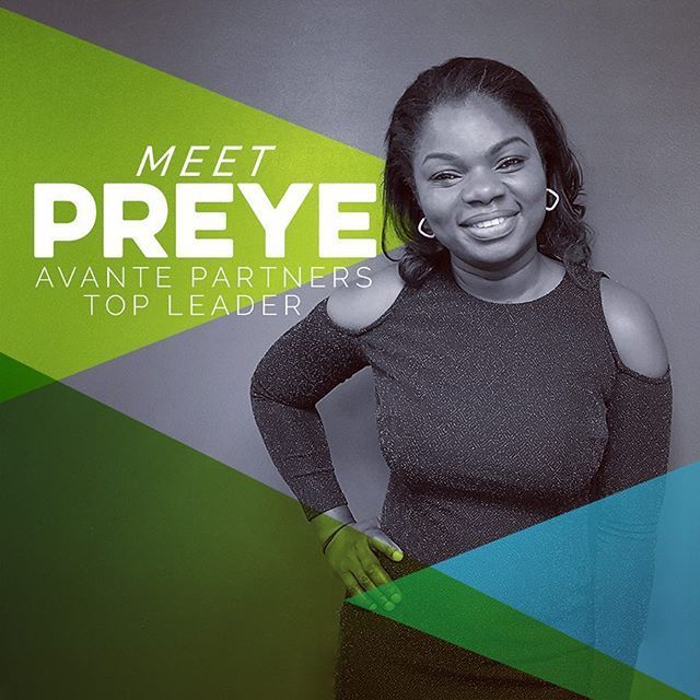 a woman standing in front of a green and blue background with the words meet preye on it