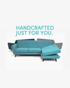 a blue couch with the words handcrafted just for you