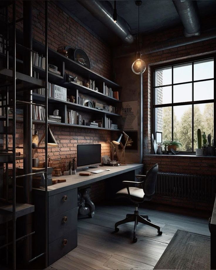 an industrial style home office with brick walls and floor to ceiling bookshelves in the corner