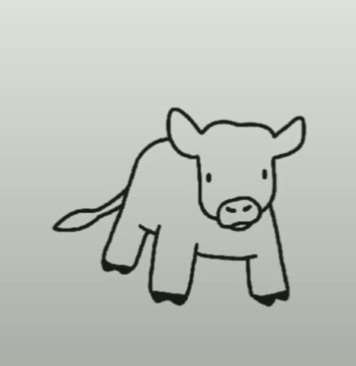 a black and white drawing of a cow on a gray background with the word,