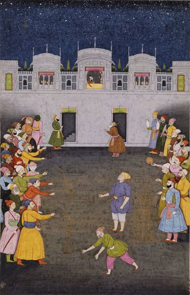 an old painting shows people dancing in front of a building