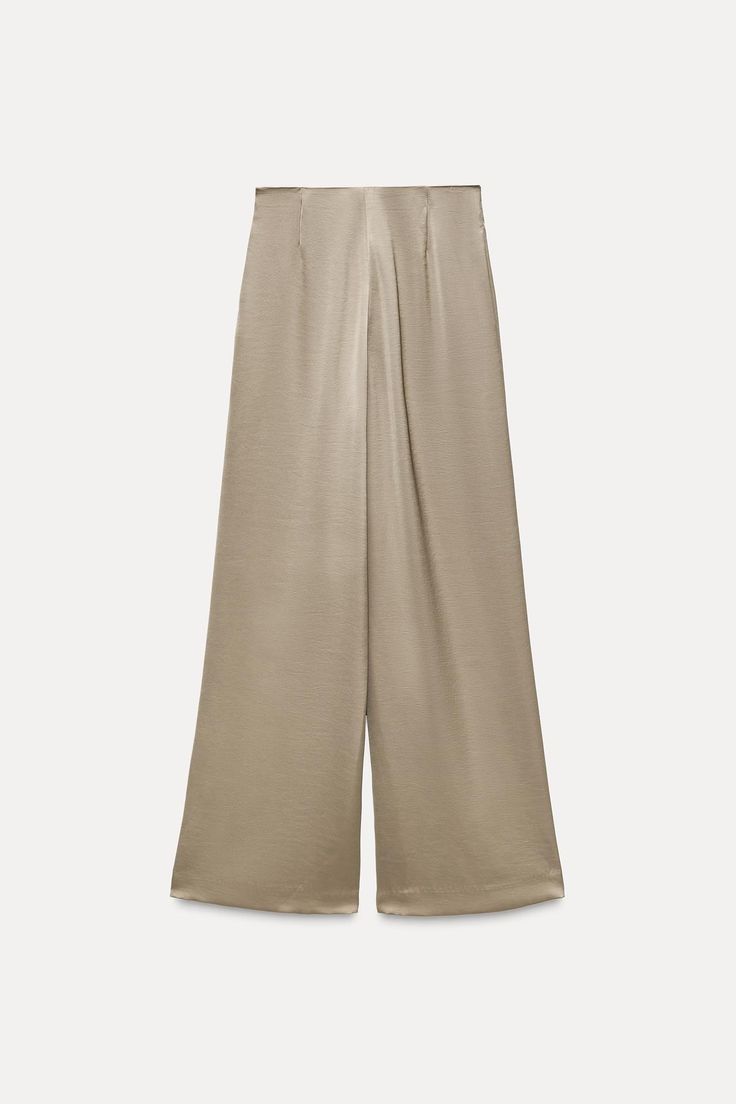 WIDE LEG SATIN PANTS - Stone | ZARA United States Versatile Straight Leg Pants With Wide Waistband, Versatile Beige Straight Pants, Versatile Trousers With Elastic Waistband, Zara Trousers With Elastic Waistband, Versatile Workwear Bottoms With Wide Waistband, Chic Wide-leg Pants With Belt Loops, Versatile Bottoms With Wide Waistband For Work, Versatile Pants With Wide Waistband For Fall, Chic Pull-on Style Long Bottoms