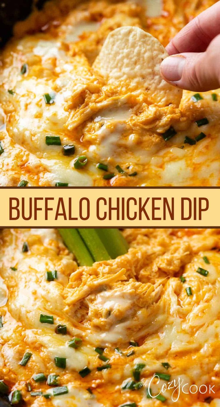 buffalo chicken dip in a skillet with a tortilla chip being dipped into it