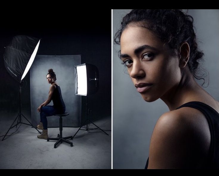 a woman sitting on a chair in front of a camera and an empty photo studio