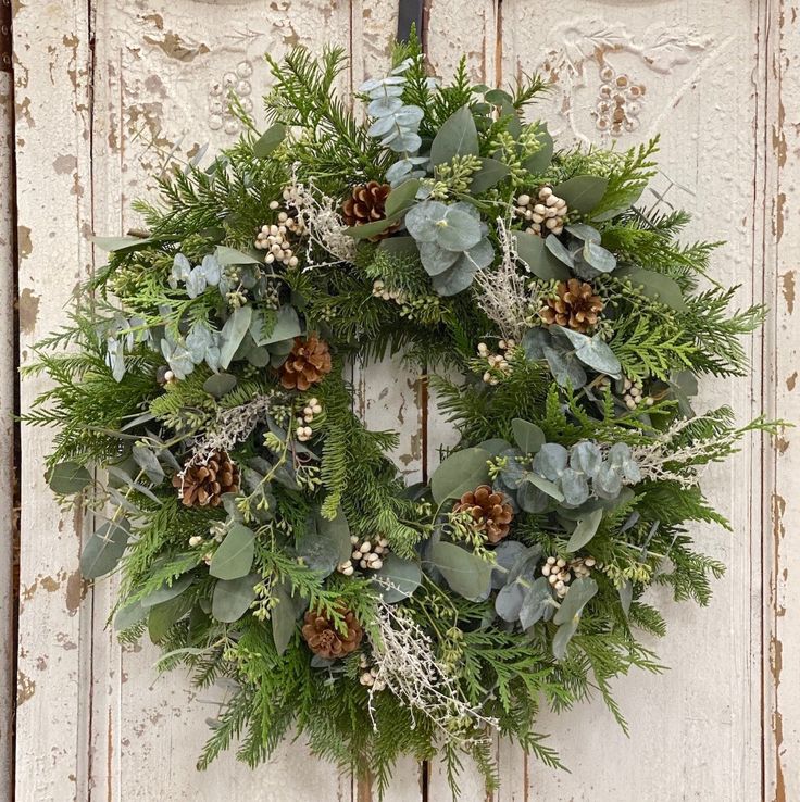 a wreath is hanging on the door with pine cones and greenery in front of it