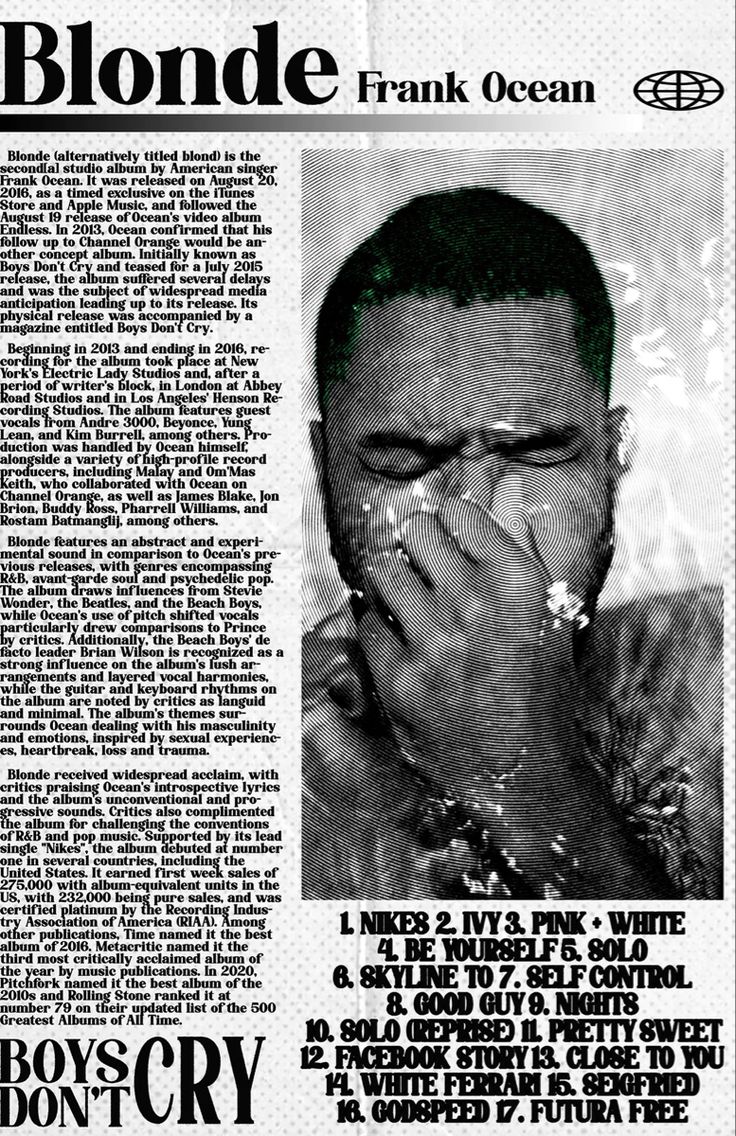 a black and white photo of a man blowing his nose with the words blonde frank ocean on it