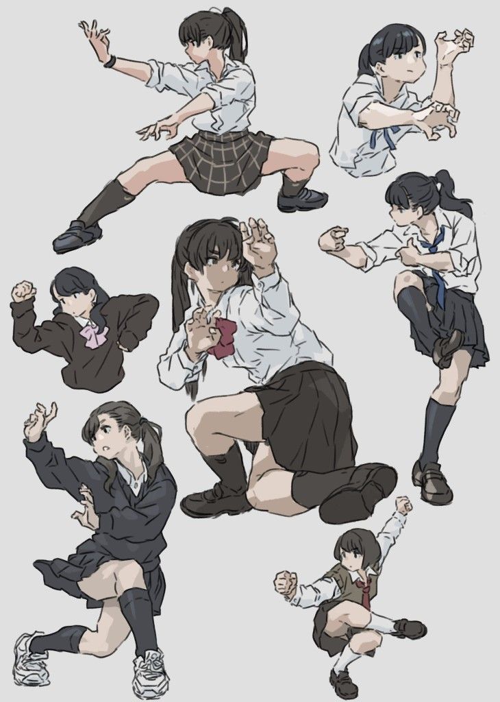 some anime characters are doing different poses