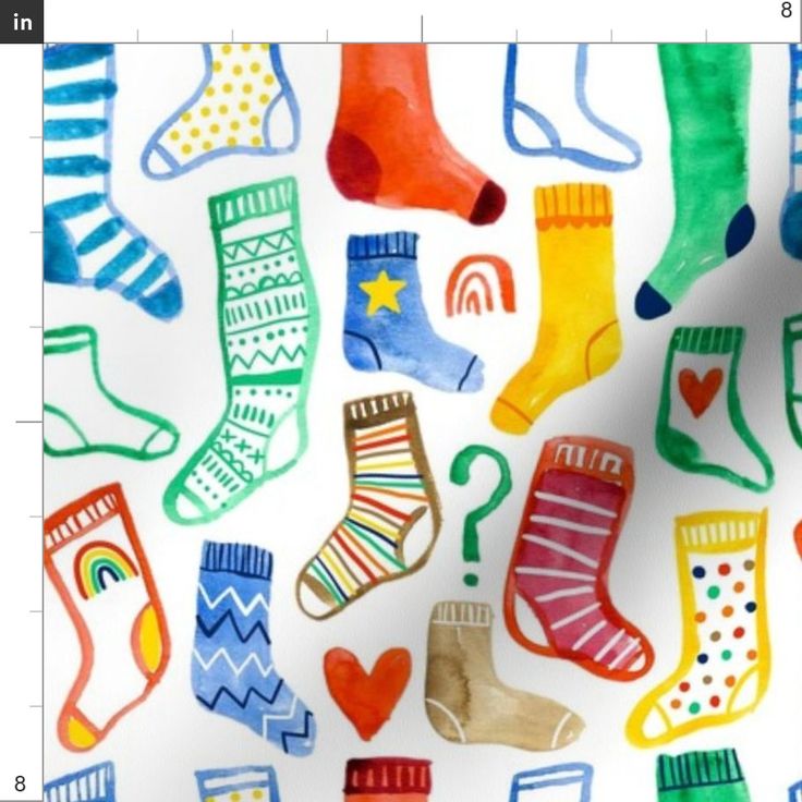 colorful socks and hearts on white background