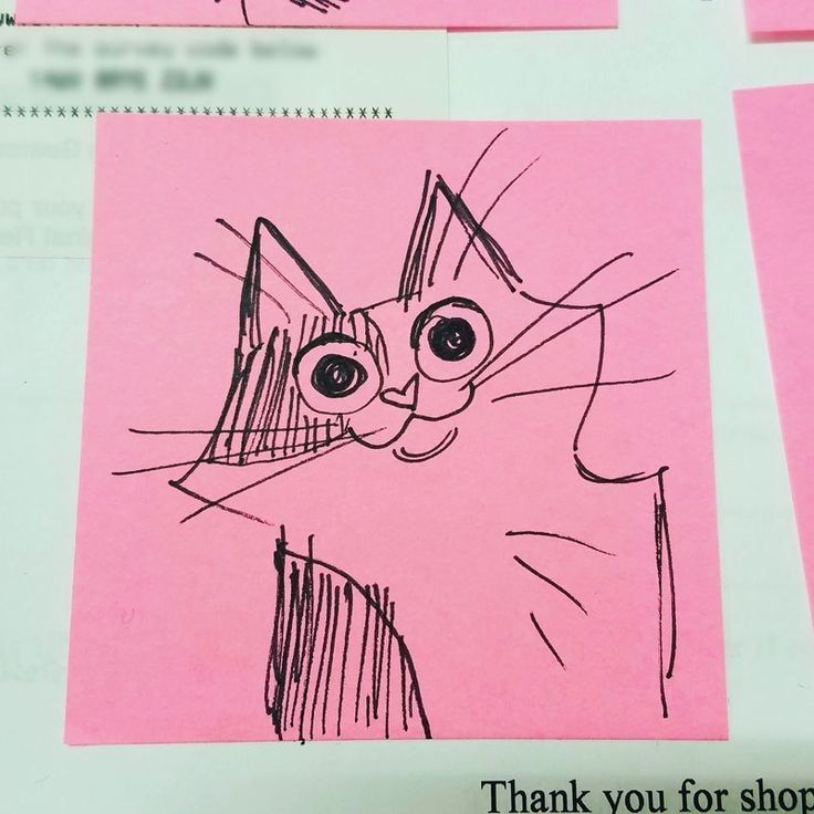 pink paper with black and white drawing of a cat