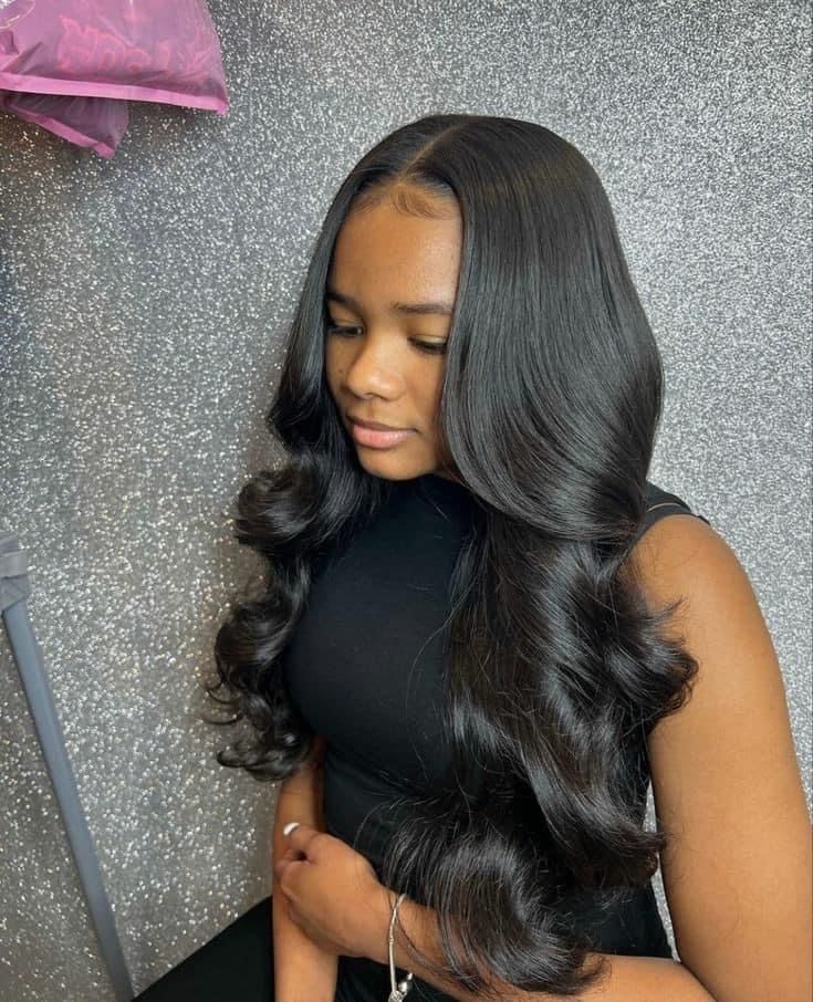 Iron Curls Hairstyles Long Hair, Loose Curls Sew In Middle Part, Middle Part Curls Sew In, Wavy Leave Out Sew In, 30 Inch Bussdown Middle Part Sew In, Middle Part Quick Weave With Curls, Curled Sew In Weave Middle Part, Curls Sew In, Middle Part See In Leave Out With Curls