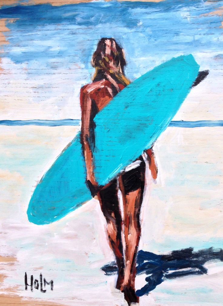 a painting of a woman holding a surfboard