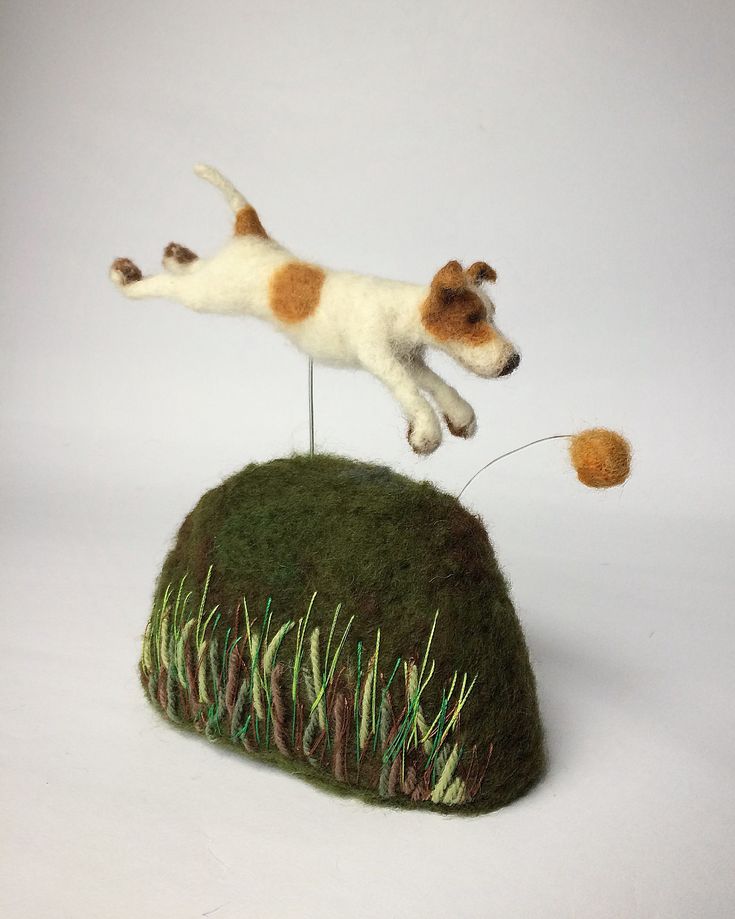 a dog is jumping over the grass on top of a rock