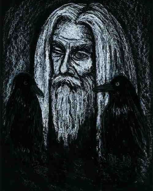 a drawing of two crows sitting on top of a man's head with long white hair