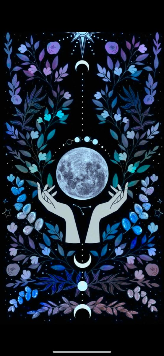 the moon and two hands are surrounded by leaves, branches, and flowers on a black background