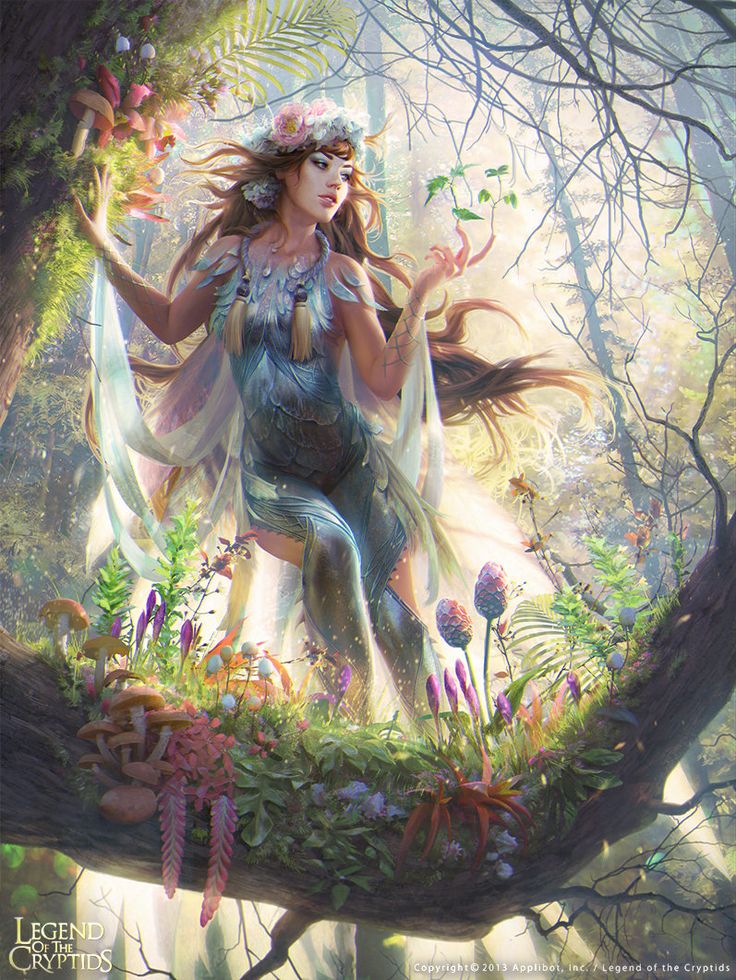 a painting of a woman in the woods surrounded by plants and flowers, with her arms outstretched