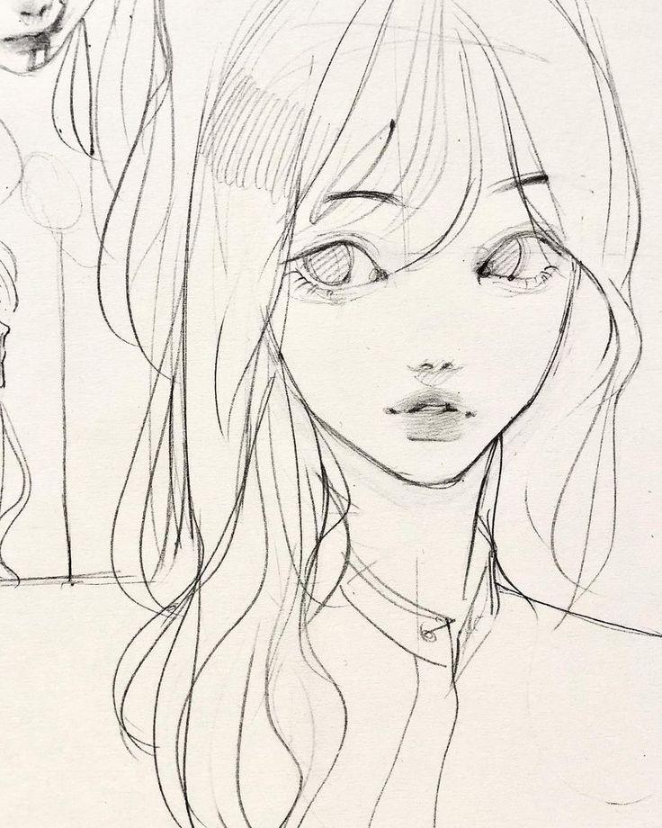 a pencil drawing of a girl with long hair and big eyes looking at the camera