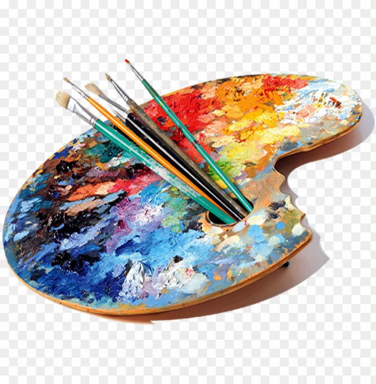 an artist's palette with paintbrushes in it