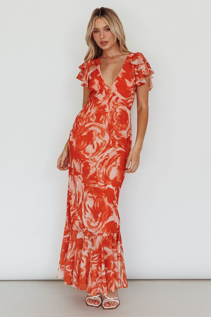 Lydiah Ruffle Sleeve Maxi Dress Floral Orange Orange Bridesmaids, Max Dress, Orange Floral Dress, Maxi Dress Floral, Selfie Leslie, Orange Maxi Dress, Yellow Bridesmaids, Simple Tote, Red Bridesmaids