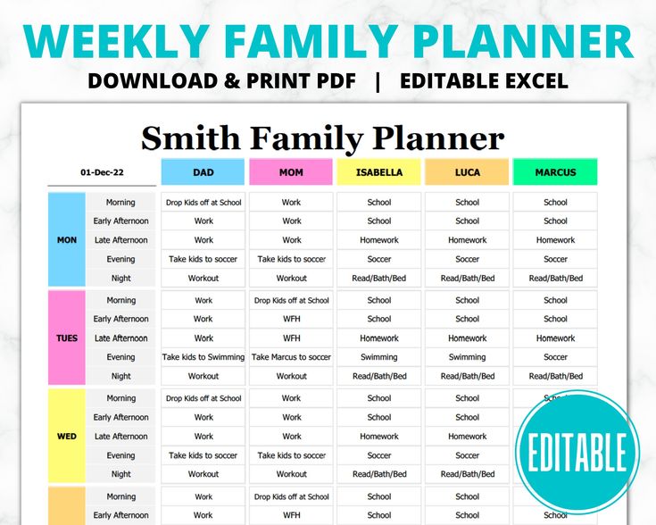 the printable family planner is shown on a marble background