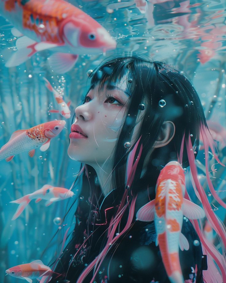 a woman with long hair standing under water surrounded by fish