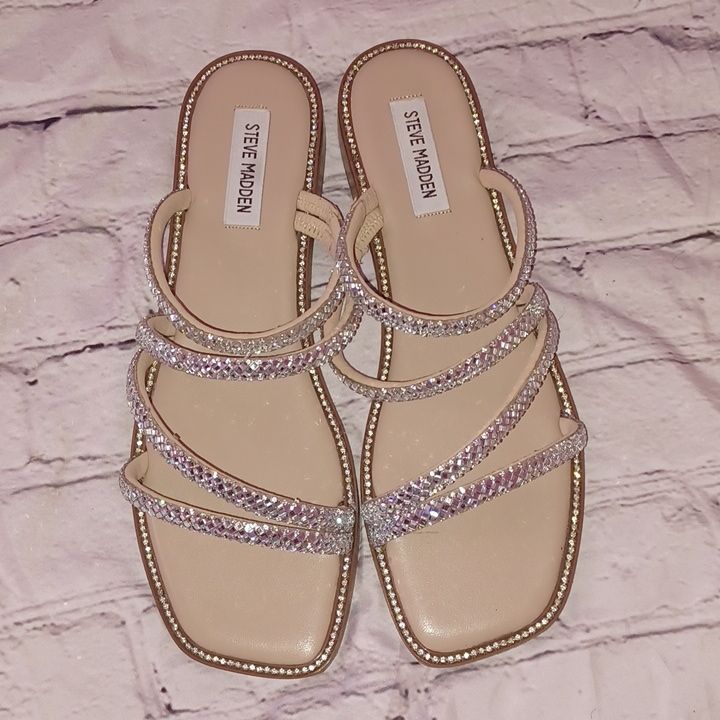 Steve Madden Rhinestone Strap Sandal Silver Bedazzled Flat Sandals, Silver Embellished Flat Sandals, Silver Flat Sandals With Bling, Silver Flat Sandals With Rhinestones, Latina Sandals, Sparkle Chanclas, Sparkly Chanclas, Sparkly Sandals, Fancy Heels