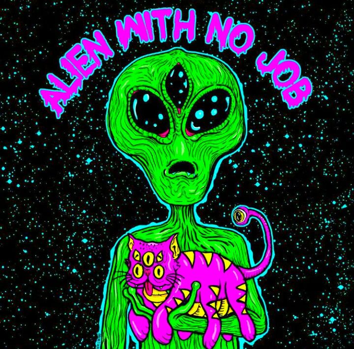 an alien with no body holding a pink cat in its arms and the words alien with no body above it