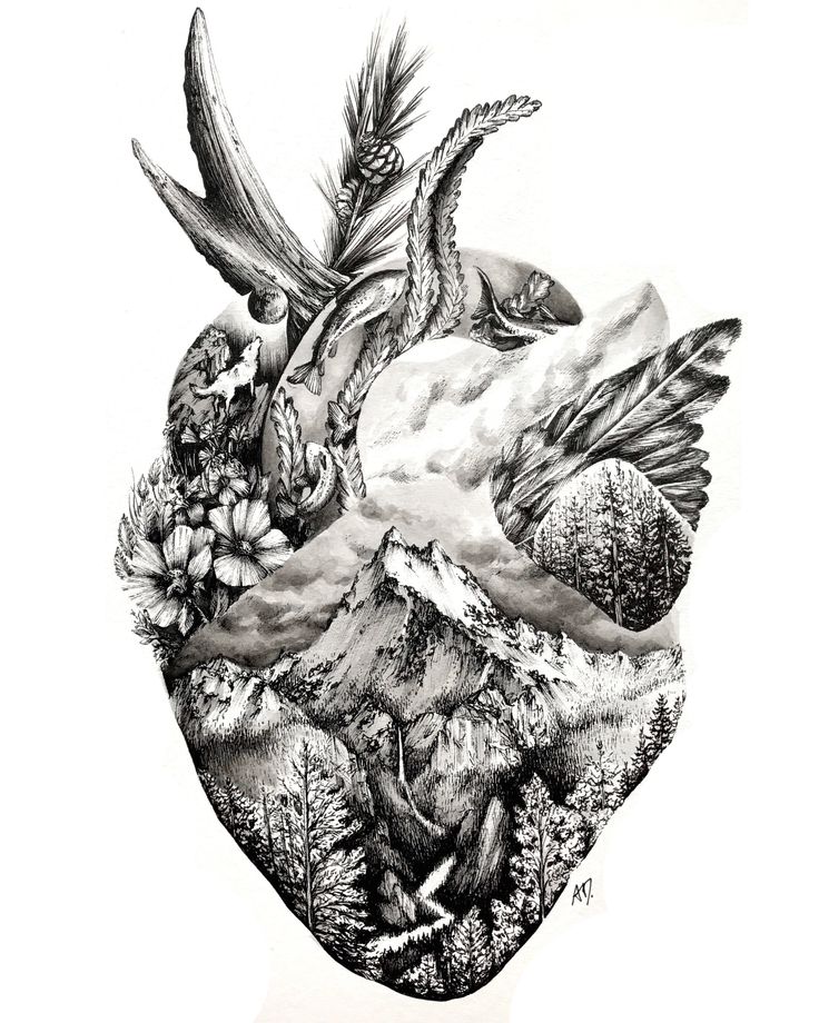 a black and white drawing of a heart with birds flying over the mountain range in it