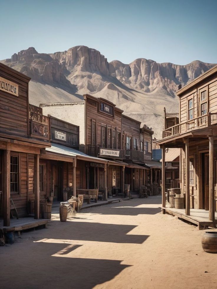 an old western town with wooden buildings and mountains in the backgroung area