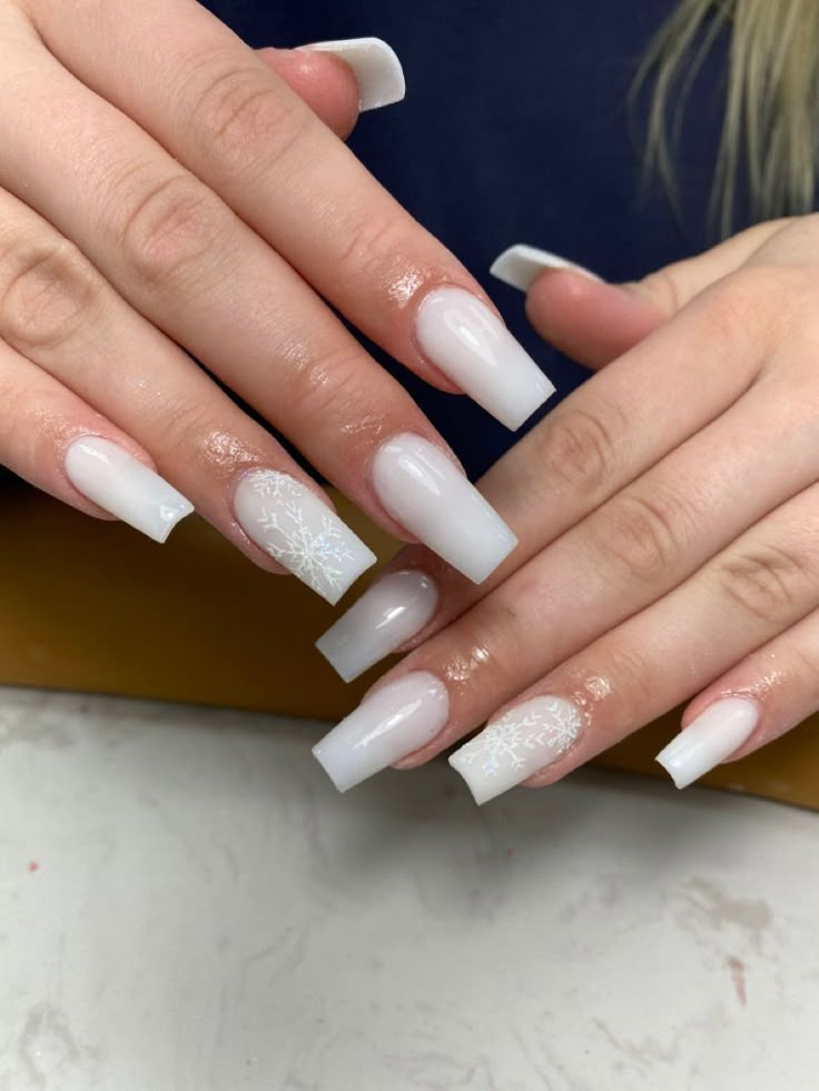 Hailey Bieber Nails With Rhinestones, Milky White Nails With Snowflakes, White Winter Nails Acrylic, Wintry Nails, Snowflake Nails Acrylic, Xmas Nails Simple, Acrylic Nail Designs For Winter, Basic Winter Nails, Acrylic Nail Designs Winter