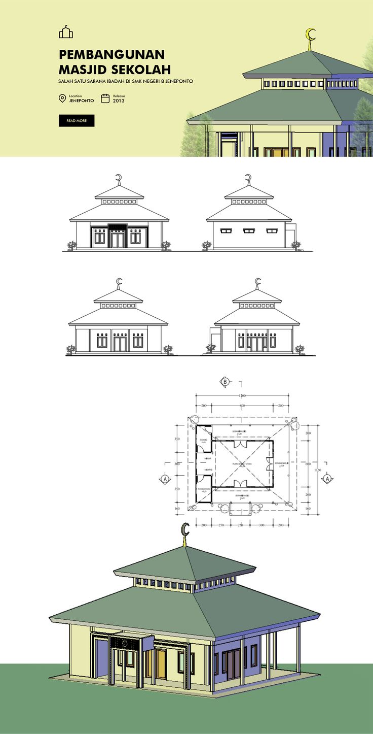 three different views of the same building with blueprints and drawings on each side