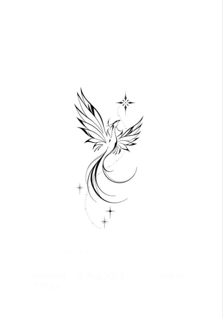 a black and white drawing of a bird with stars on it's back side