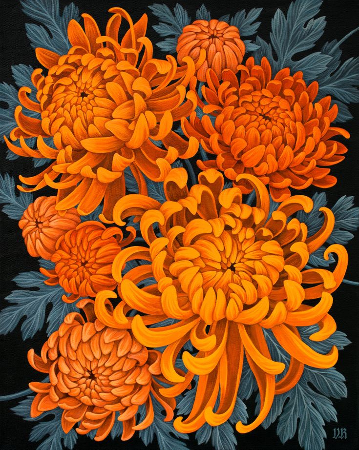 a painting of orange flowers on a black background