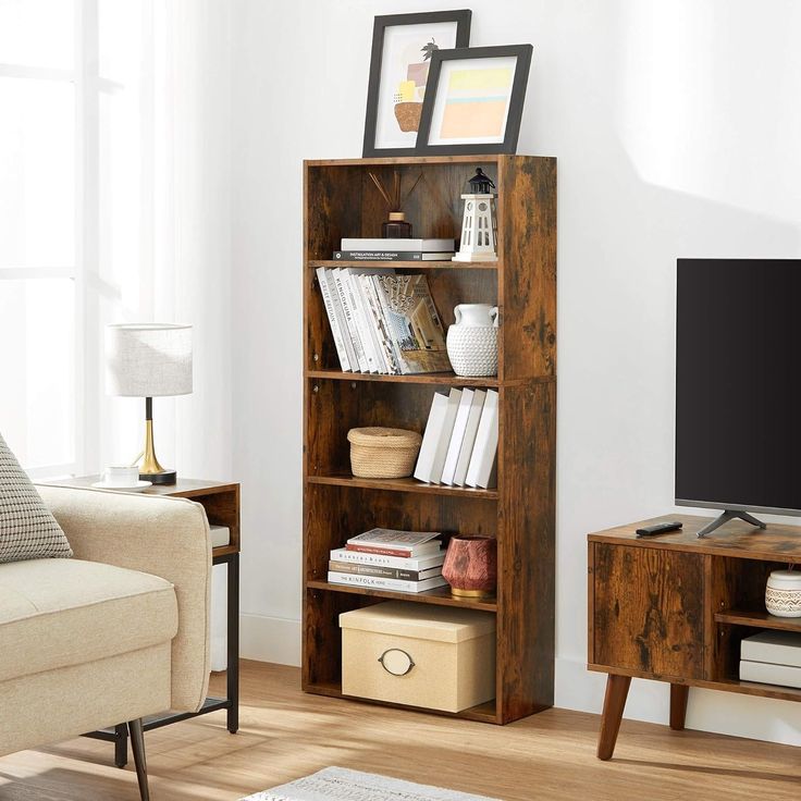 a living room scene with focus on the bookshelf