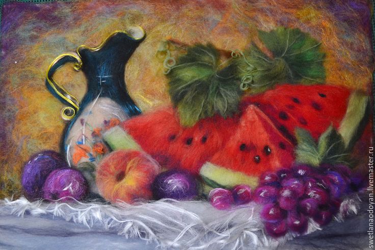 a painting of watermelon, grapes and other fruit