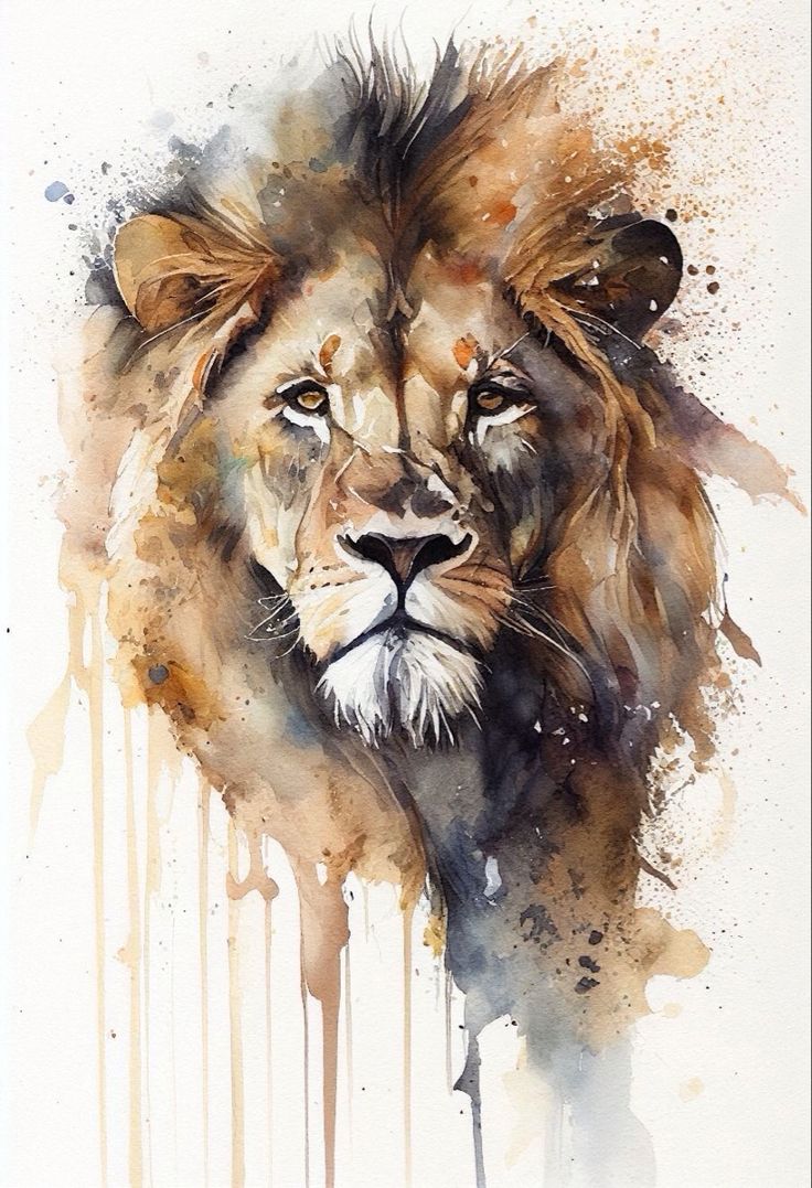 a painting of a lion's head with watercolor drops on it and the face is