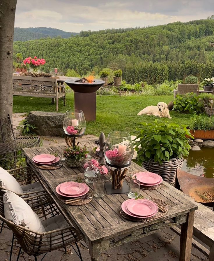 a wooden table topped with pink plates next to a lush green hillside covered in trees