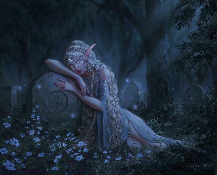 a painting of a woman with long hair hugging her face in the woods at night