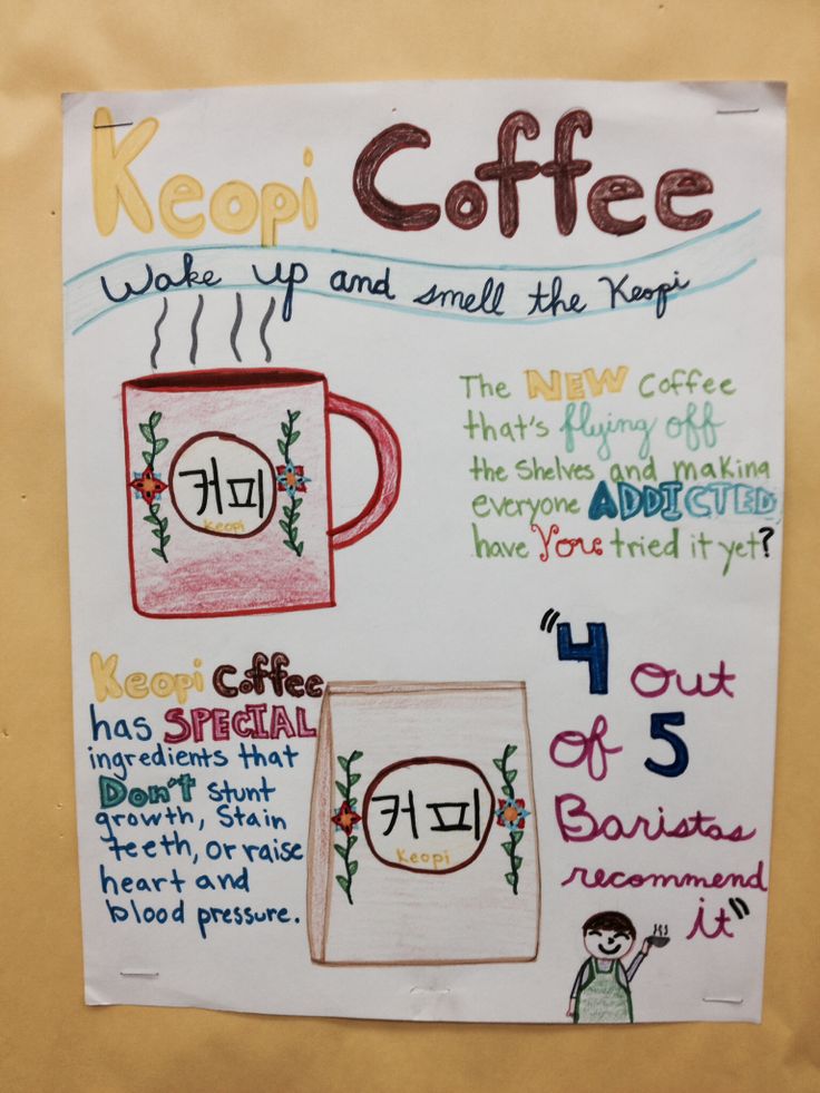 a poster with coffee and other things written in different languages on the side of it