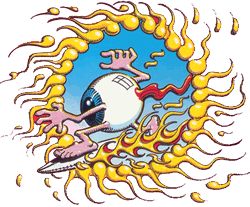 an image of a cartoon character riding a surfboard in the air with flames coming out of it