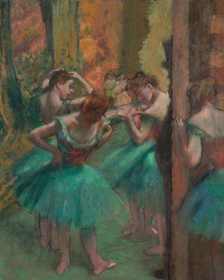 two paintings of dancers in green tutu skirts, one showing the reflection of another dancer