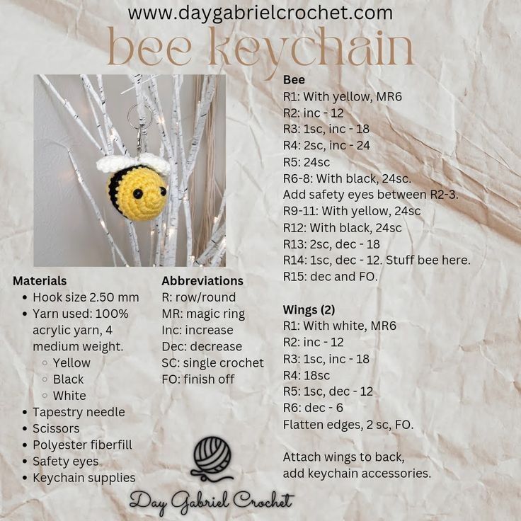 a poster with instructions for how to make a crochet bee keychain