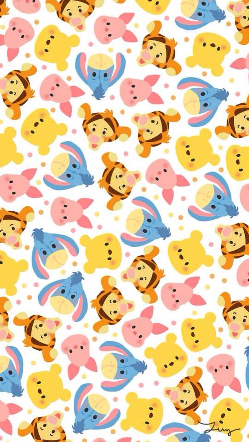 winnie the pooh and friends pattern on a white background with pink, yellow and blue polka dots