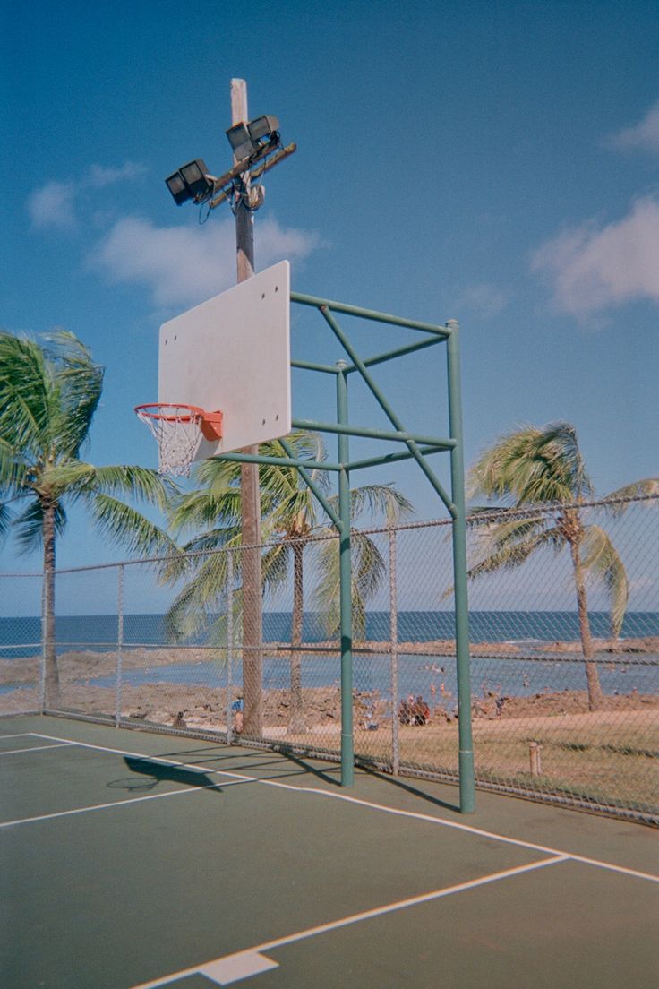 an outdoor basketball court with palm trees and the ocean in the background