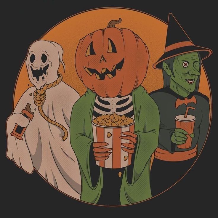 an image of halloween characters holding popcorn