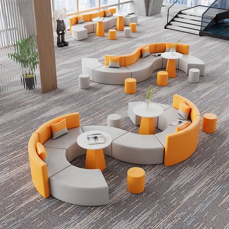 Creative Curved Circular Lounge Sofa Coffee Table Set – Anzhap Curved Seating Interior, Circular Furniture Design, Circular Interior Design, Modular Seating Design, Lounge Sofa Ideas, Cafe Lounge Seating, Waiting Lounge Design, Office Lounge Interior, Atrium Seating